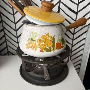 Vintage 1970s Retro Floral Enamel Fondue Pot Set With Wood Handle Forks & Stand